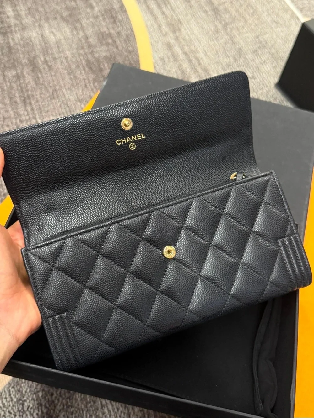 CHANEL Black Quilted Leather Long Wallet with Gold CC Hardware